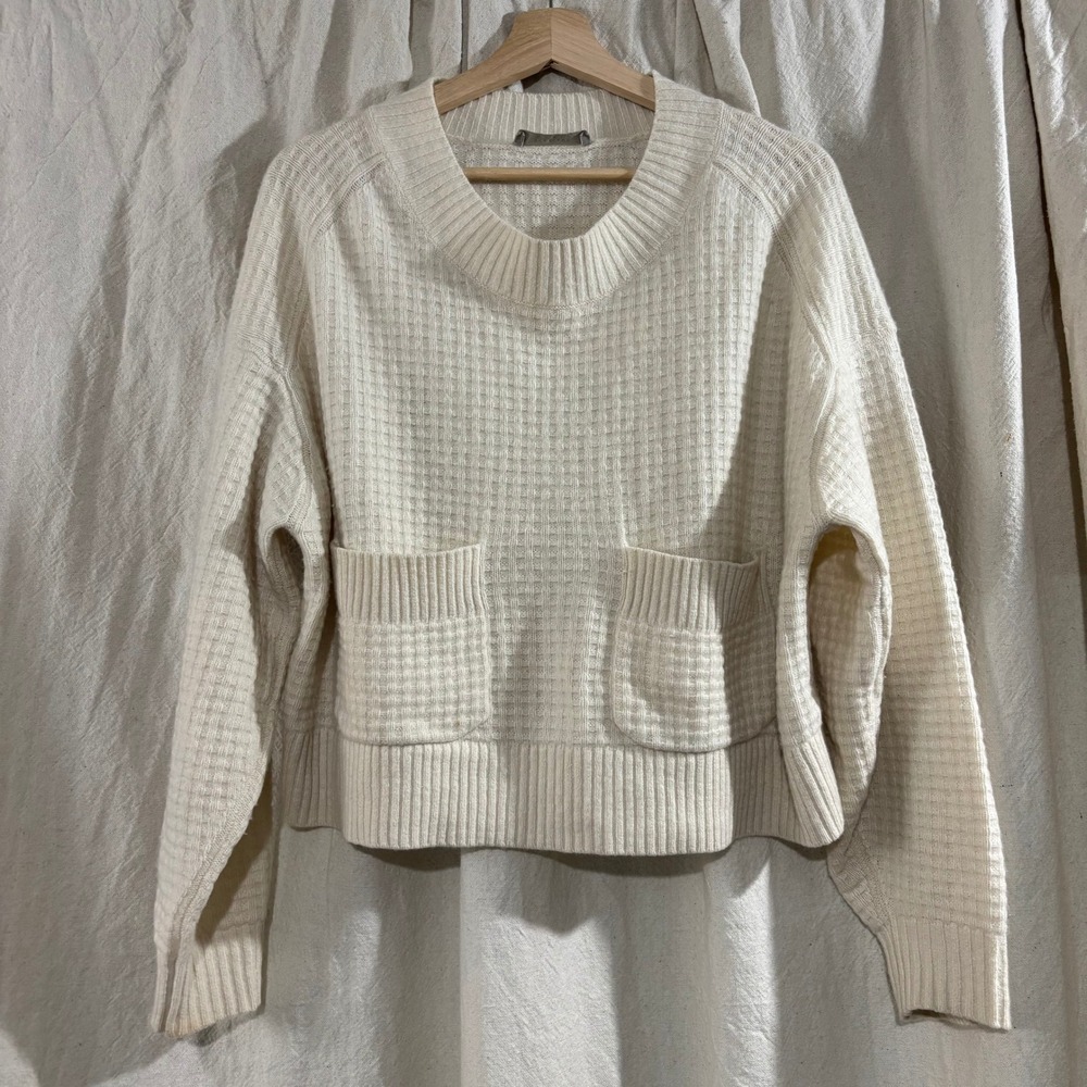 Everlane Recycled Cashmere Waffle Knit Crewneck Sweater Cream Bone Cropped Med